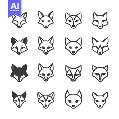 Sixteen Stylized Fox Head Illustrations in Black and White