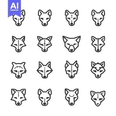 Sixteen Unique Fox Head Line Art Icons with Variations in Design