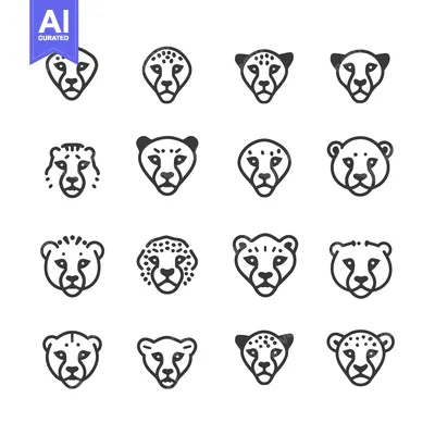 Aset premium populer: Sixteen Unique Line Drawings of Cheetah Heads
