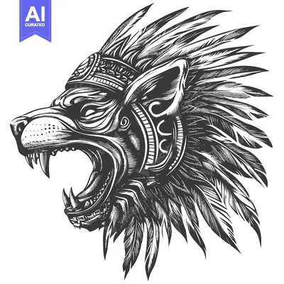 Aset premium populer: A Black and White Illustration of a Wolf's Head with Feathers
