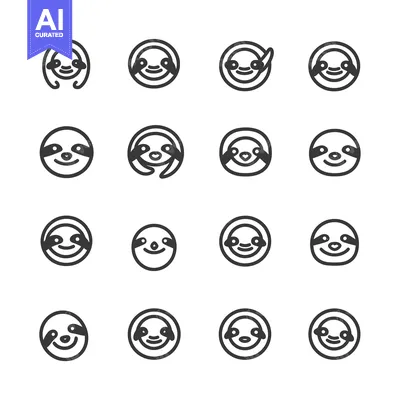 Aset premium populer: Sixteen variations of a smiling sloth face icon in black and white.