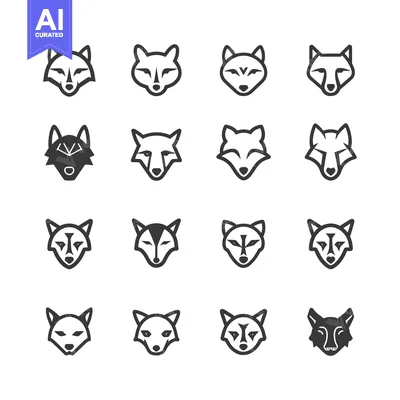 Sixteen Variations of a Wolf Head Icon in Black and White