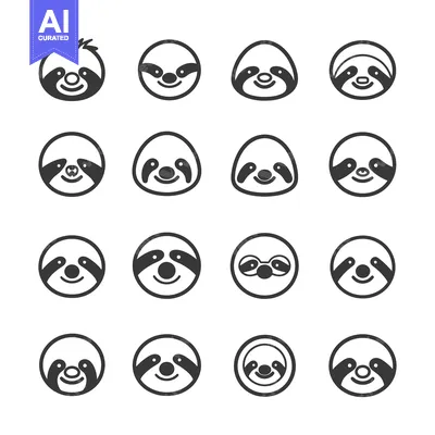 Sixteen Variations of Cartoon Sloth Faces in Black and White