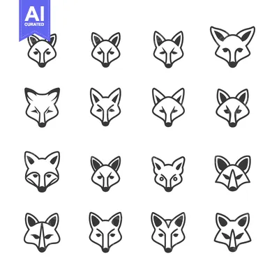 Sixteen Variations of Fox Head Icons in Black and White