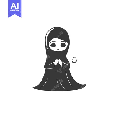 A Black and White Illustration of a Woman in a Hijab Praying
