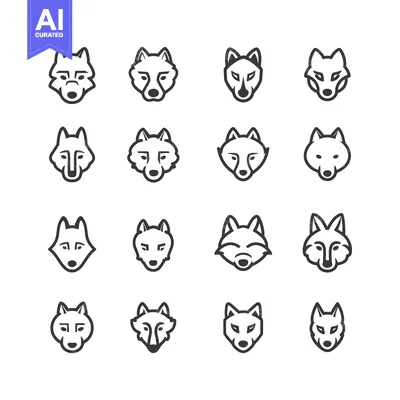 Sixteen Wolf Head Icons in Black Line Art