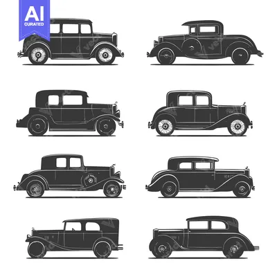 Six Vintage Cars Silhouettes in Side View