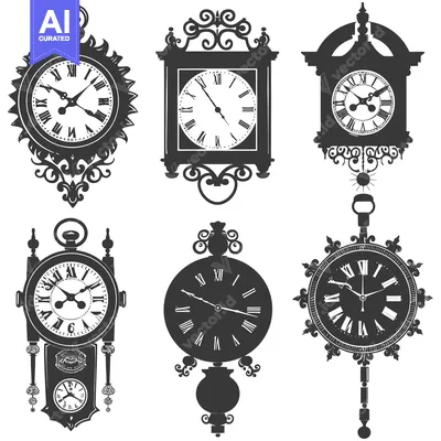 Aset premium populer: Six Vintage Ornate Clocks in Black and White Silhouettes