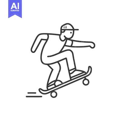 Aset premium populer: Minimalist Line Art: Skateboarder in Motion, White Background, Dynamic