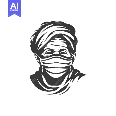A black and white illustration of a woman wearing a face mask
