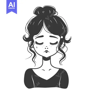 A black and white illustration of a woman with closed eyes and a bun