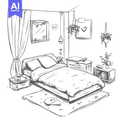 Sketch of a Bedroom with a Bed, Nightstands, and Plants