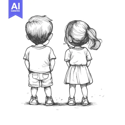 Sketch of a Boy and Girl Walking Away from the Viewer