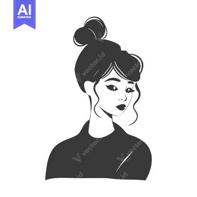 A black and white illustration of a woman with her hair in a bun