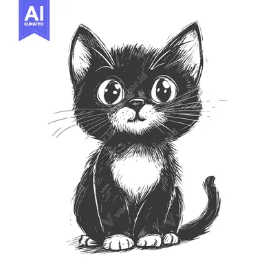 Sketch of a Cute Black Cat Sitting with Big Eyes