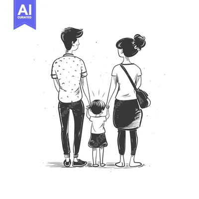 A sketch of a family of three, standing in a row, the father and mothe