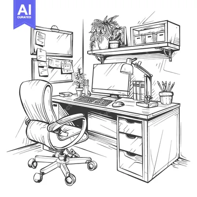 Premium design asset: Sketch of a Home Office with a Desk, Chair, and Plants