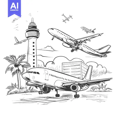 Sketch of an Airplane Landing at a Tropical Airport