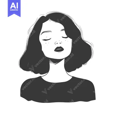 Aset premium populer: A Black and White Illustration of a Woman with Short Hair and Closed E