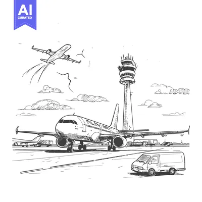 Aset desain premium: Sketch of an airplane taxiing on the runway at an airport