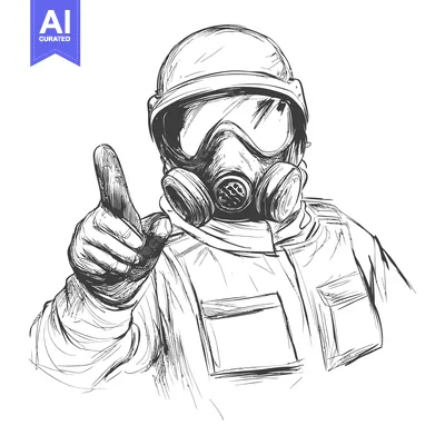 Sketch of a Person Wearing a Gas Mask and Pointing with their Index Fi