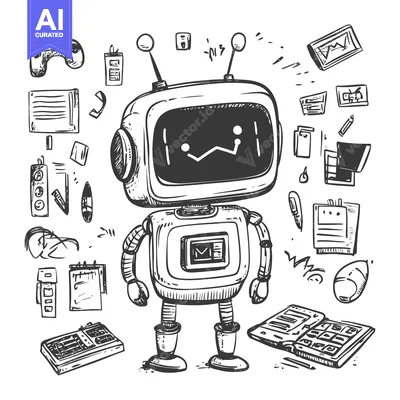 Aset desain premium: Sketch of a Robot Surrounded by Office Supplies