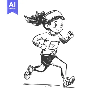 Aset premium populer: Sketch of a Smiling Girl Running with a Ponytail