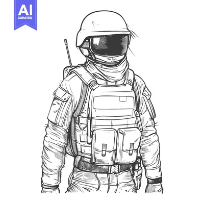 Sketch of a Soldier Wearing Body Armor and a Helmet
