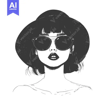 Aset desain premium: Sketch of a woman wearing a hat and sunglasses
