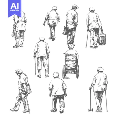 Premium design asset: Sketch of Elderly People Walking and in a Wheelchair