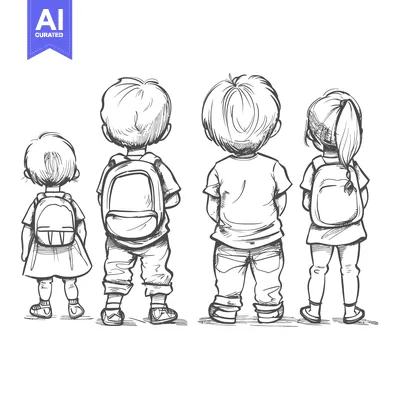Sketch of Four Children with Backpacks Standing Back-to-Back