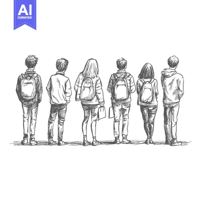 Sketch of Six People with Backpacks Standing in a Line