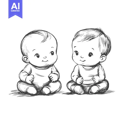Sketch of two smiling babies sitting and looking at each other