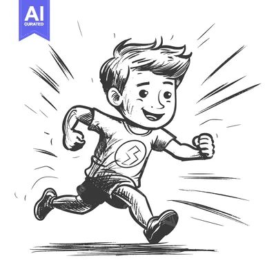 A black and white illustration of a young boy running with a determine