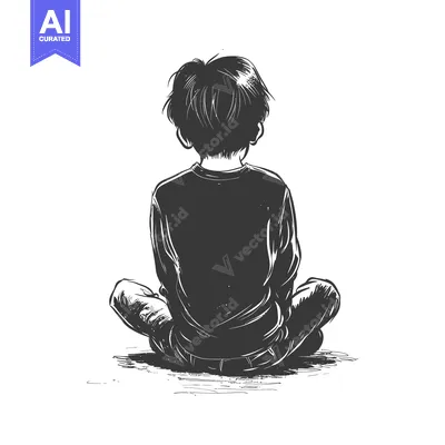 A black and white illustration of a young boy sitting with his back to