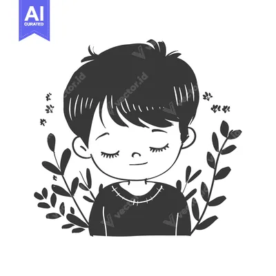 A black and white illustration of a young boy with closed eyes surroun