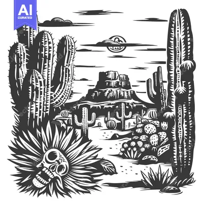 Premium design asset: Skull Emerging from Desert Flower with Cacti and Rock Formations