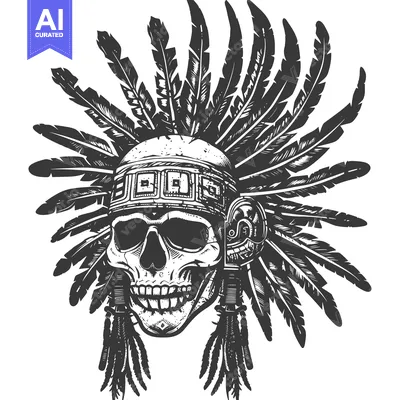 Aset desain premium: Skull in Native American Headdress with Feathers