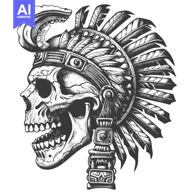 Aset desain premium: Skull in Native American Headdress with Feathers and Ornament