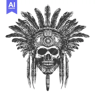 Skull in Ornate Native American Headdress with Feathers