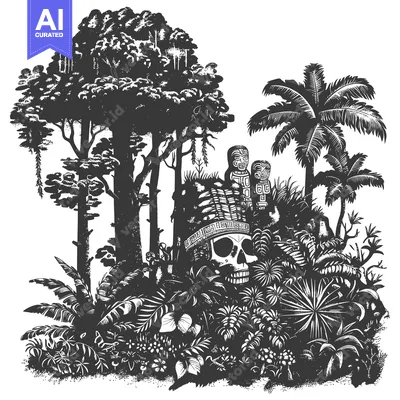Skull in Tropical Jungle with Tribal Masks