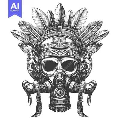 Skull Wearing a Gas Mask and Feather Headdress