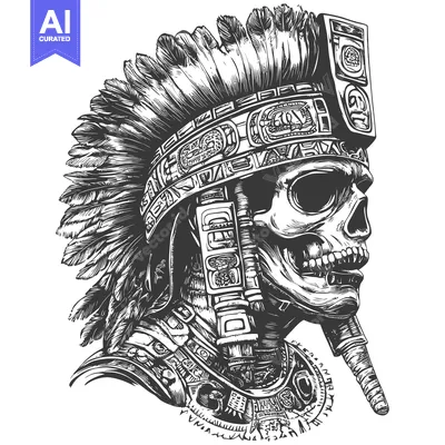 Aset desain premium: Skull Wearing an Aztec Headdress with Feathers