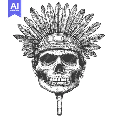 Aset desain premium: Skull with a Headdress of Feathers and a Ceremonial Band