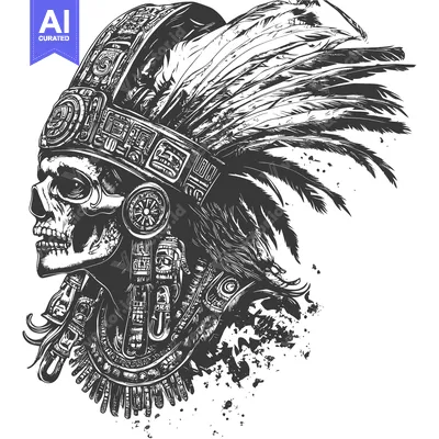 Skull with Aztec Headwear and Feathers