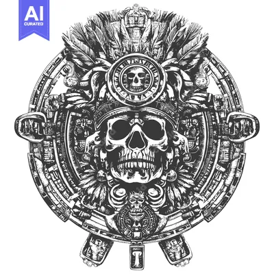 Skull with Aztec-Style Ornamentation and Feathers