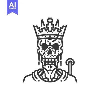 Skull with Crown and Scepter, Line Art Illustration