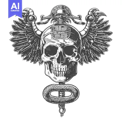 Skull with Feathered Wings and Snake Tattoo