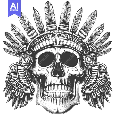 Aset desain premium: Skull with Feathers and Aztec Ornamentation