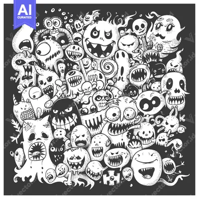 Popular premium asset: A Black and White Illustration of Numerous Cartoon Monsters with Vario